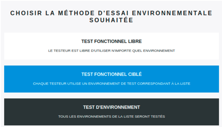 Liste des environnements d'exécutions des cas de tests